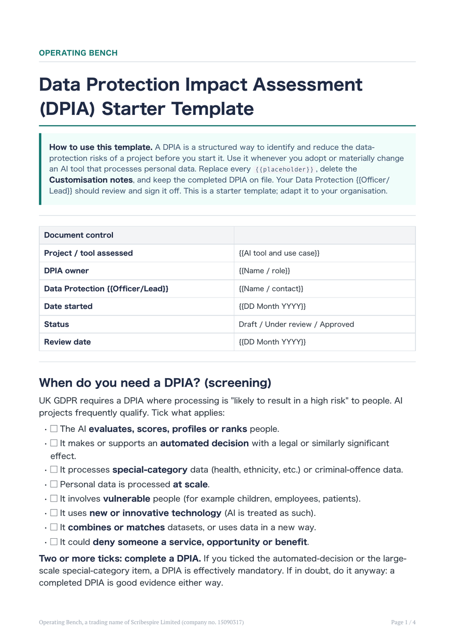DPIA Starter Template document, with a worked example